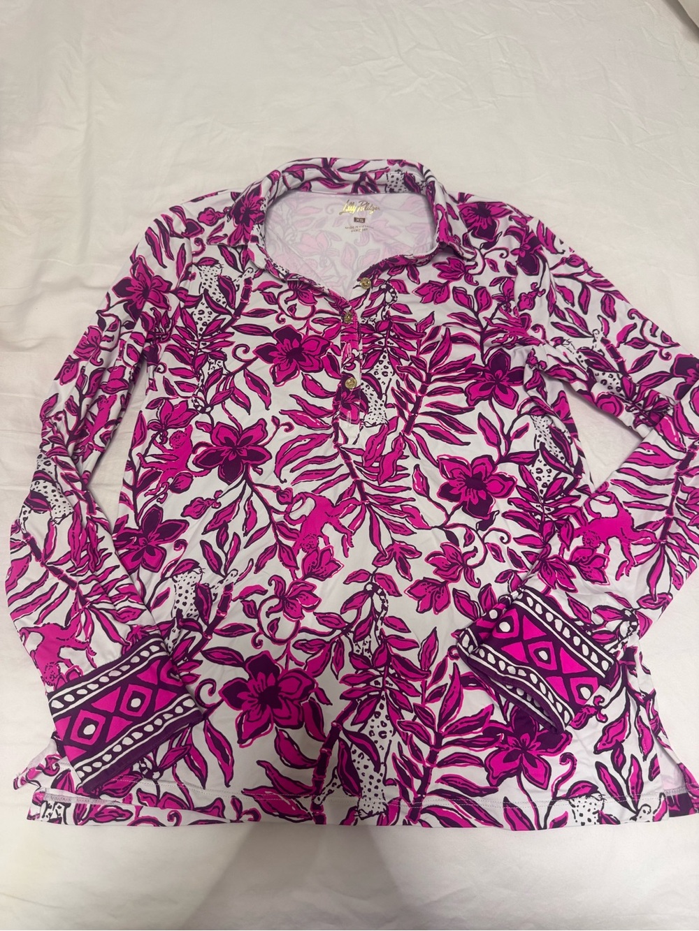 Lilly Pulitzer White Long-Sleeve Top with Hot Pink Floral Print